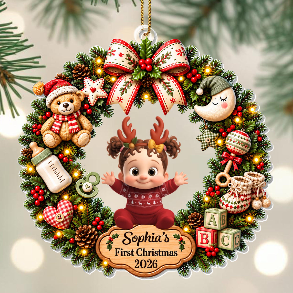 First Christmas Baby Girl In Wreath With Teddy Bear And Blocks - Personalized Custom Acrylic Ornament, Christmas Gift - KID929_ACO