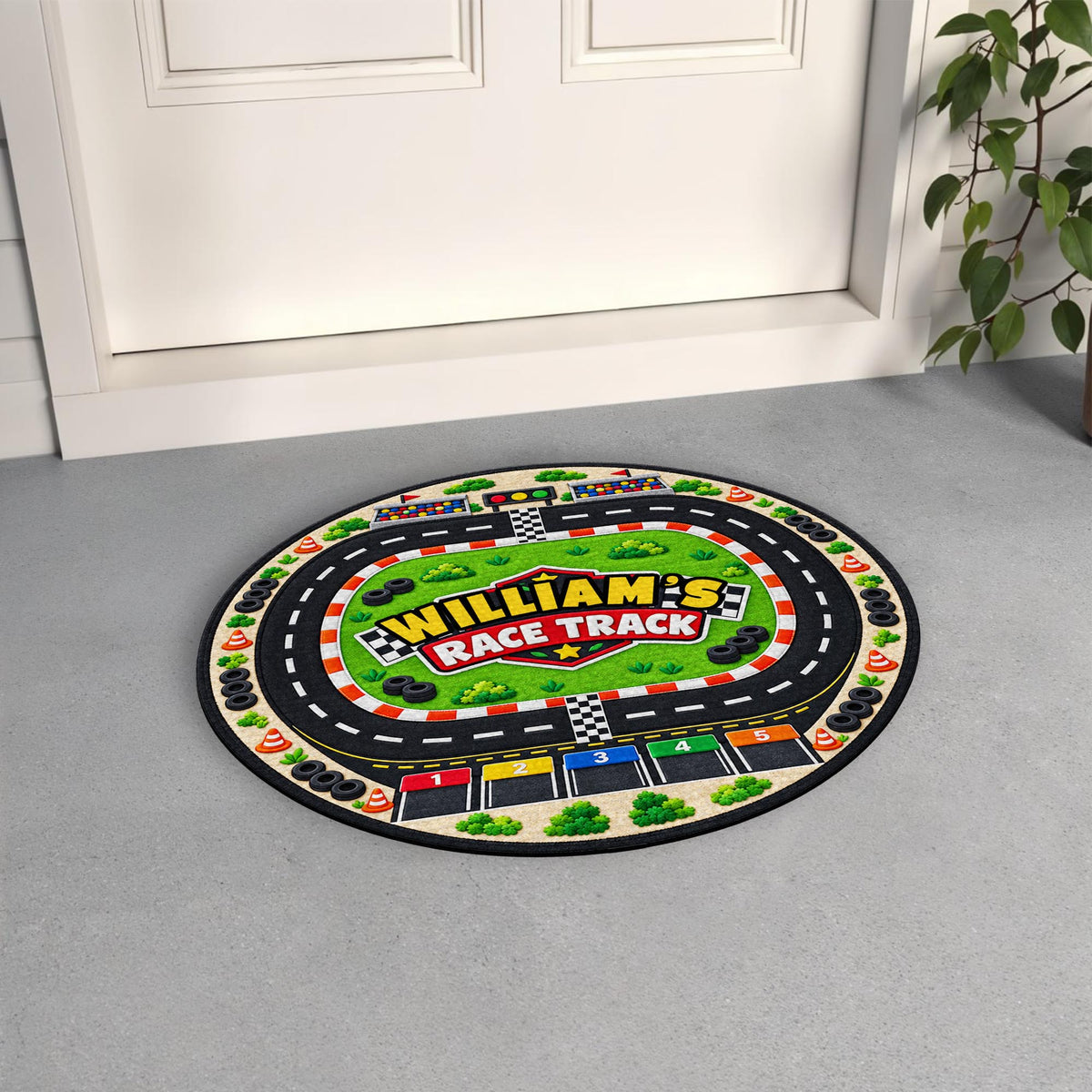Race Track Custom Name With Racing Flags And Tires - Personalized Custom Shaped Doormat - KID975_CUDOR