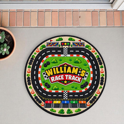 Race Track Custom Name With Racing Flags And Tires - Personalized Custom Shaped Doormat - KID975_CUDOR