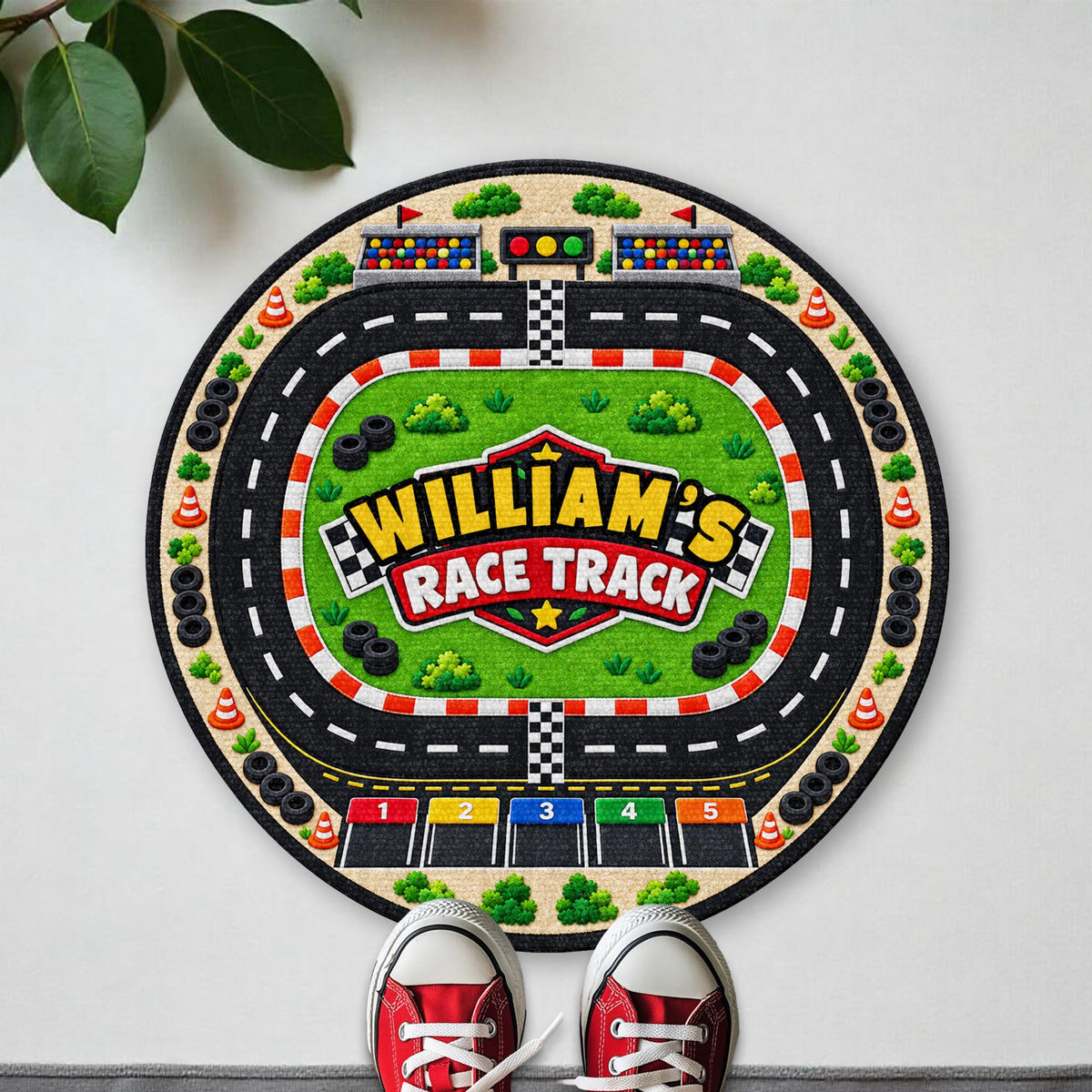 Race Track Custom Name With Racing Flags And Tires - Personalized Custom Shaped Doormat - KID975_CUDOR