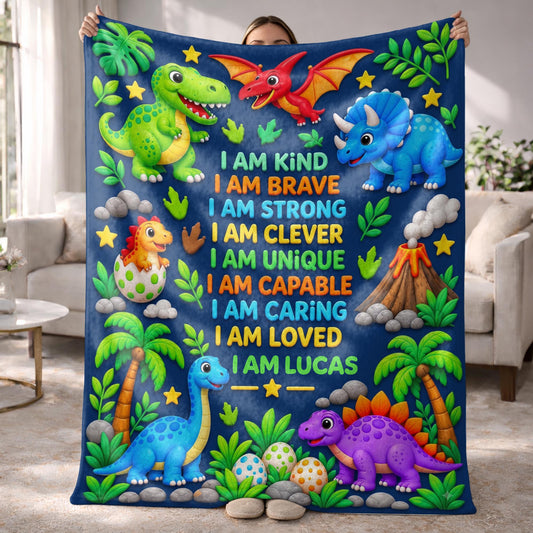 I Am Kind Affirmations With School Bus Police Car And Excavator - Personalized Custom Blanket - KID995_BLK