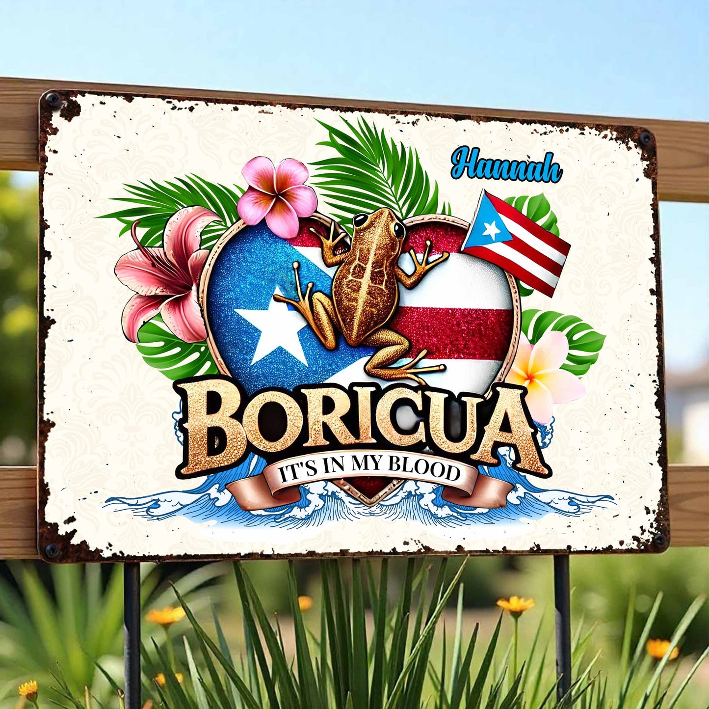 Boricua It's In My Blood with Frog and Flowers - Personalized Metal Sign - LAT002_MSIGN