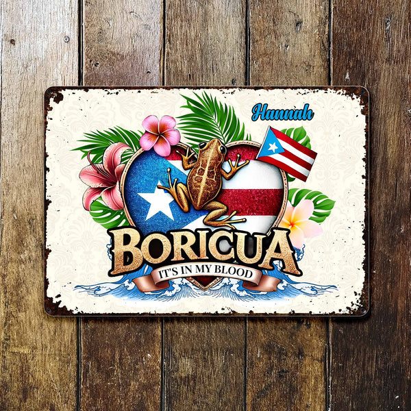 Boricua Está en mi Sangre con Rana y Flores - Letrero Metálico Personalizado - LAT002_MSIGN