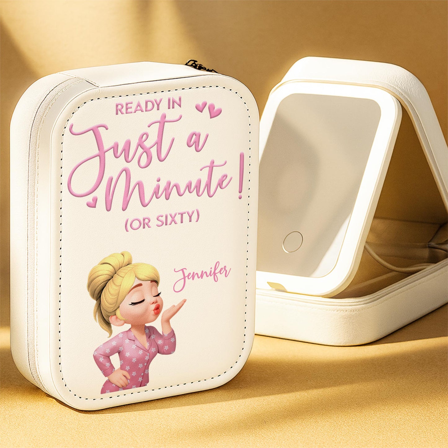 Ready In Just A Minute With Cartoon Girl and Hearts - Personalized Custom Jewelry Box With LED Mirror - SIS001_LEBOX