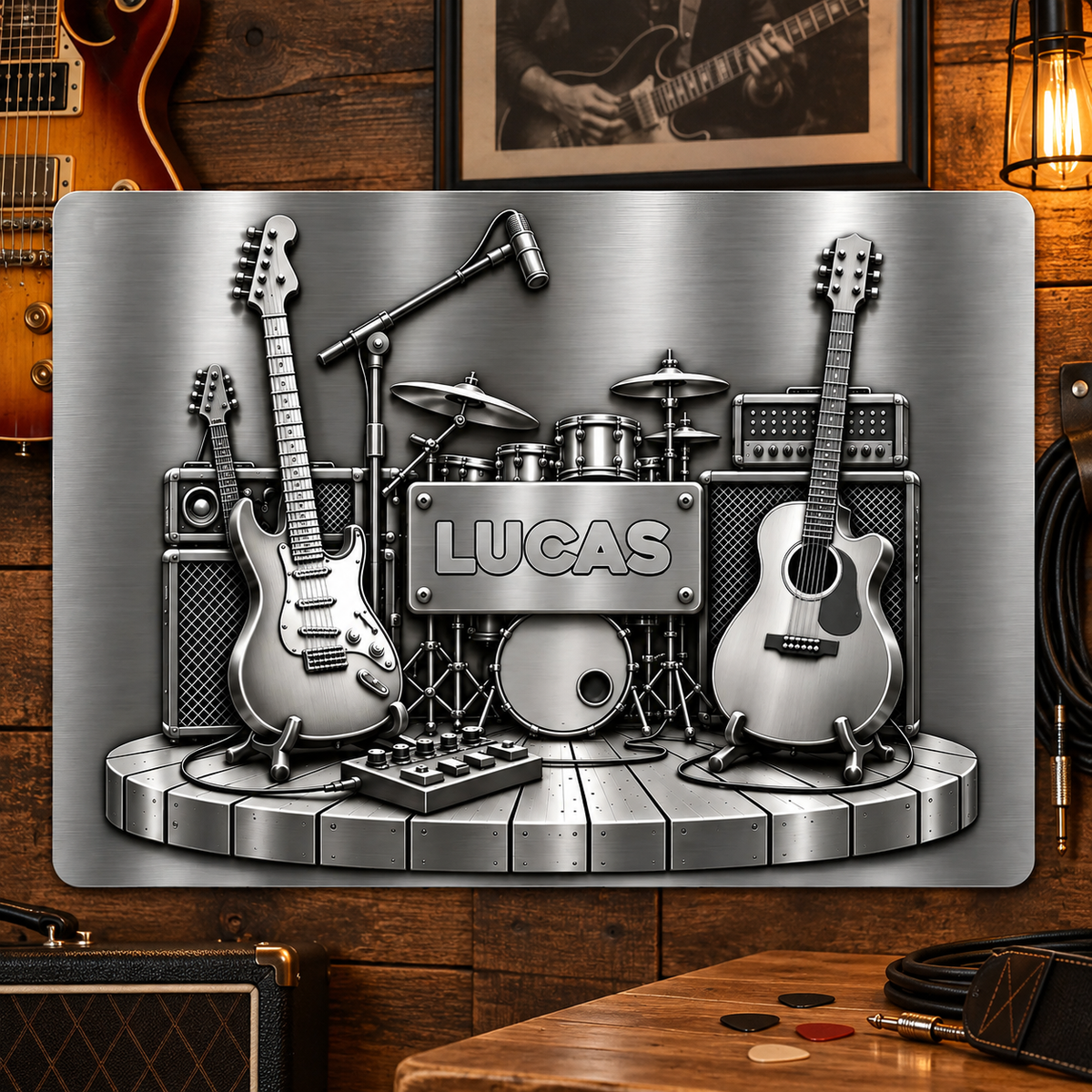 A Stage Set For A Legend With Guitars And Drums 3D Silver Effect - Personalized Metal Sign - MUSIC219_MSIGN