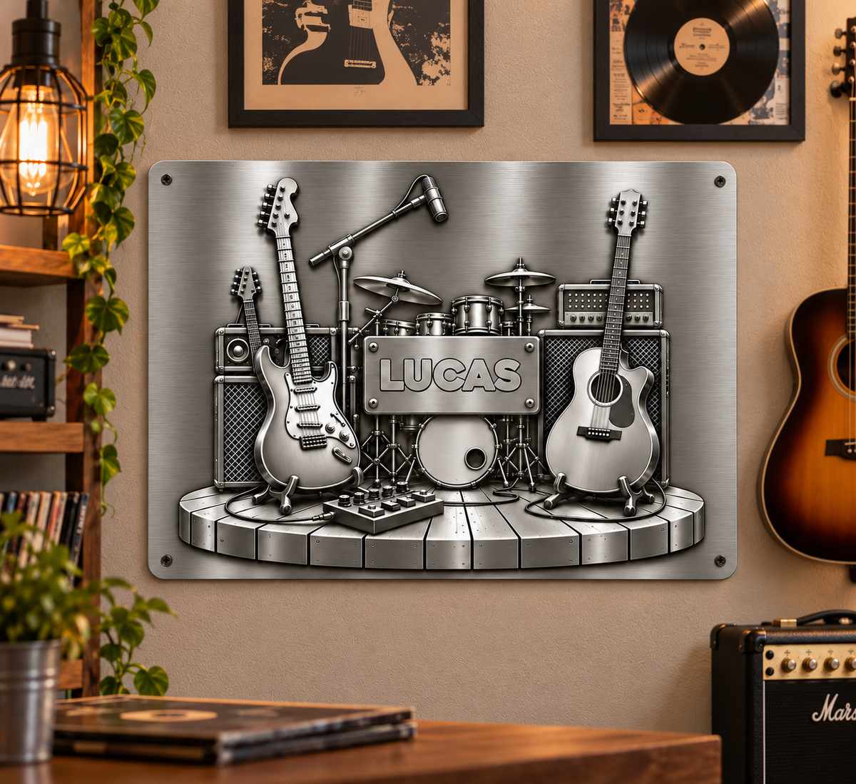 A Stage Set For A Legend With Guitars And Drums 3D Silver Effect - Personalized Metal Sign - MUSIC219_MSIGN