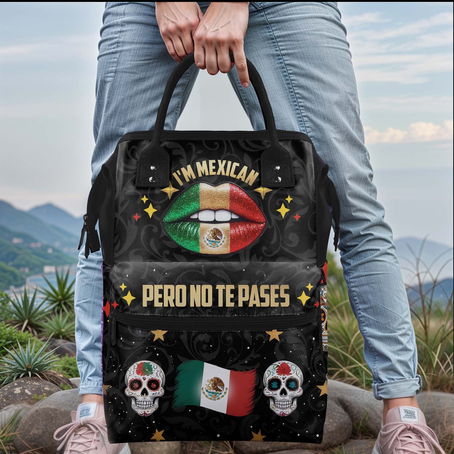 Soy mexicano, pero no te pases. Mochila de viaje personalizada con diseño de pico de pato. ME046_DKB