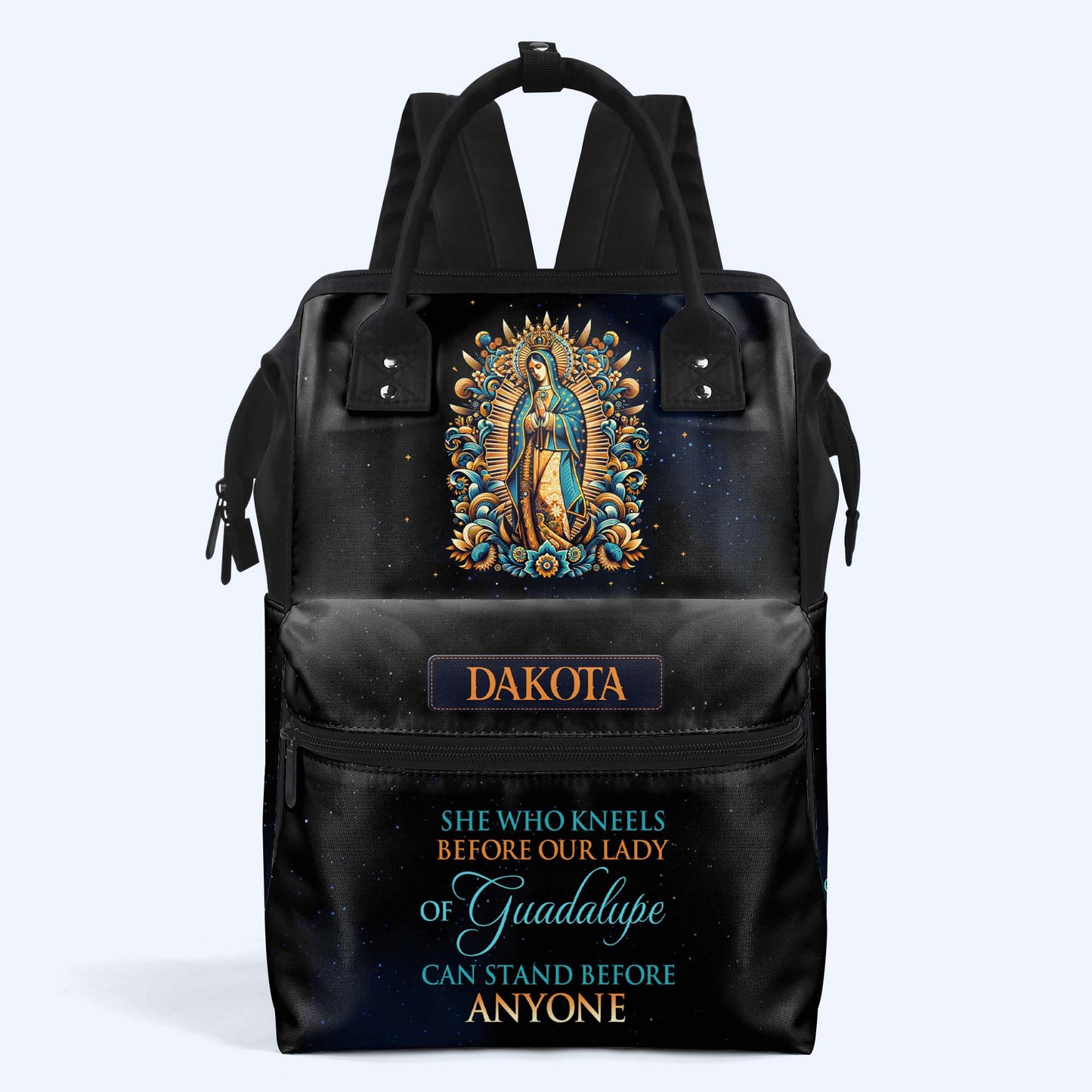 La que se arrodilla ante Nuestra Señora de Guadalupe - Mochila de viaje personalizada con diseño de pico de pato - ME052_DKB