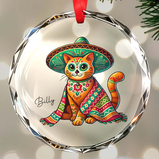 Day Of The Dead Styled Cat With Sombrero Glass Ornament