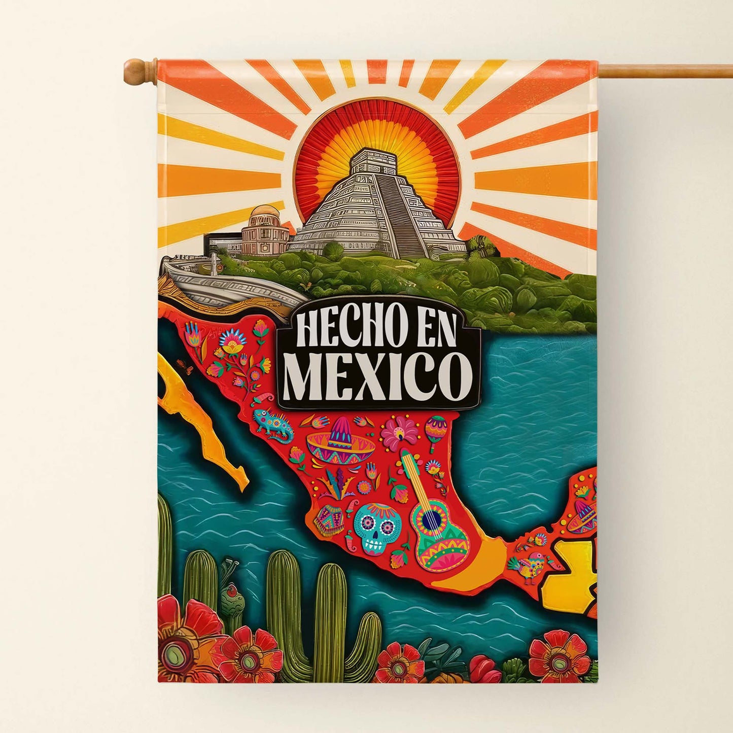 Hecho En Mexico with Aztec Pyramid and Folk Art