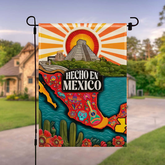 Hecho En Mexico with Aztec Pyramid and Folk Art