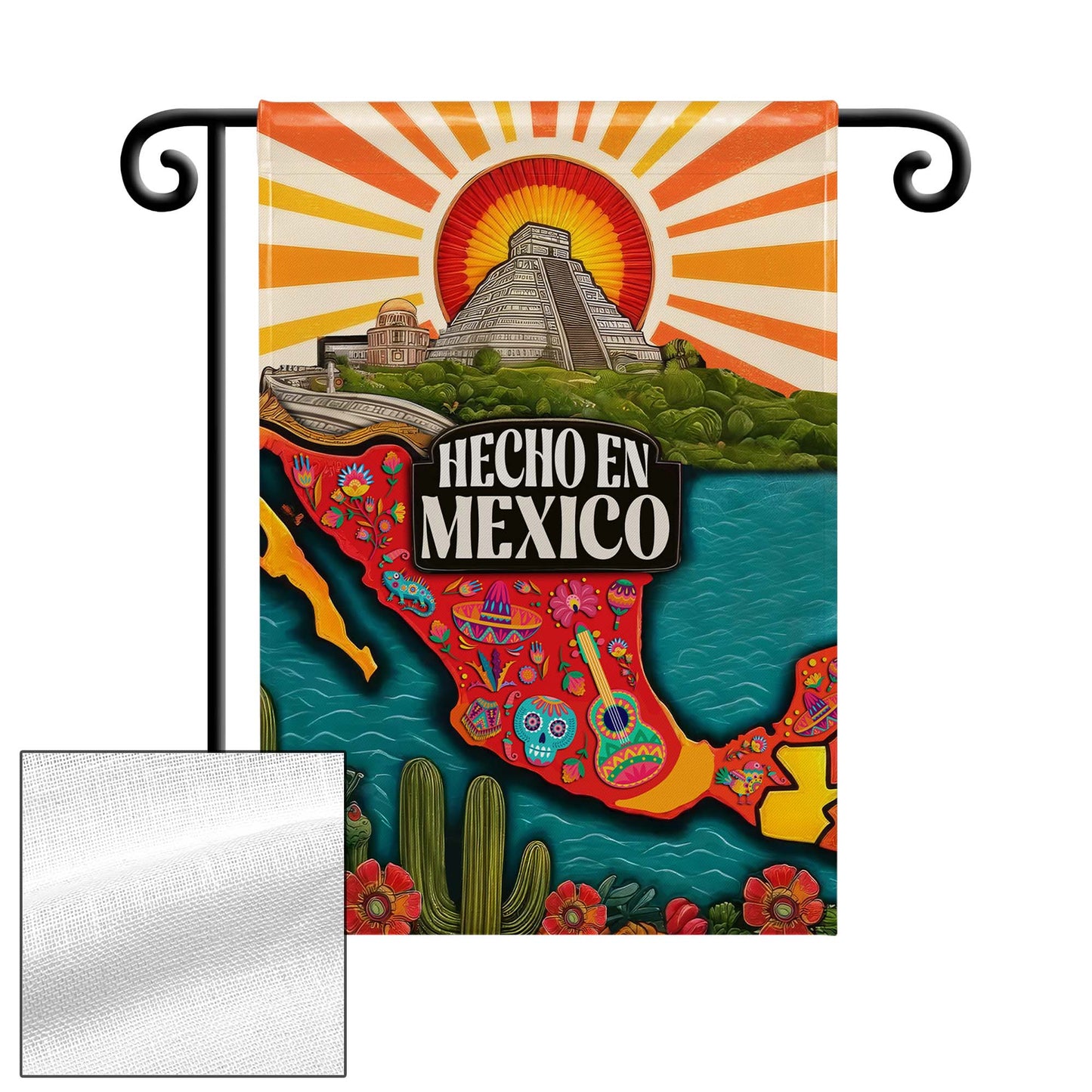 Hecho En Mexico with Aztec Pyramid and Folk Art