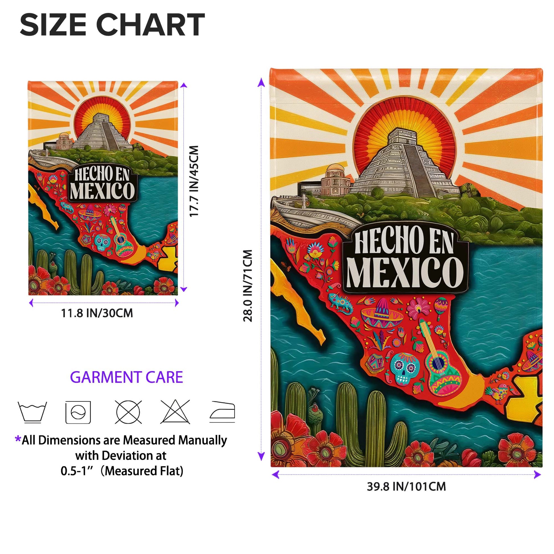 Hecho En Mexico with Aztec Pyramid and Folk Art