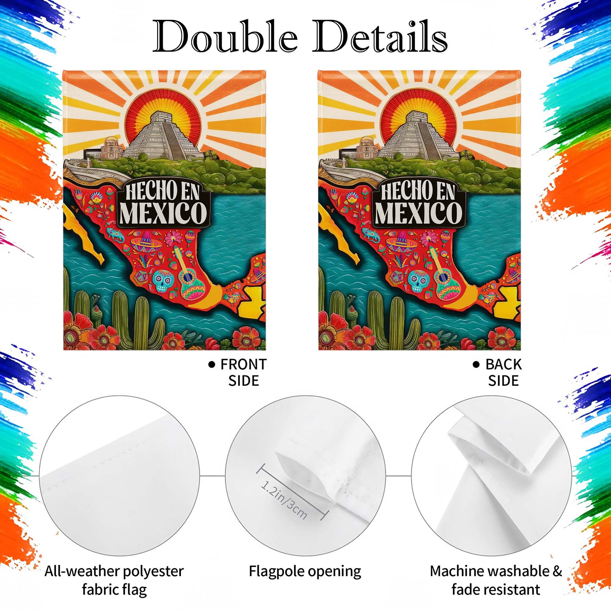 Hecho En Mexico with Aztec Pyramid and Folk Art