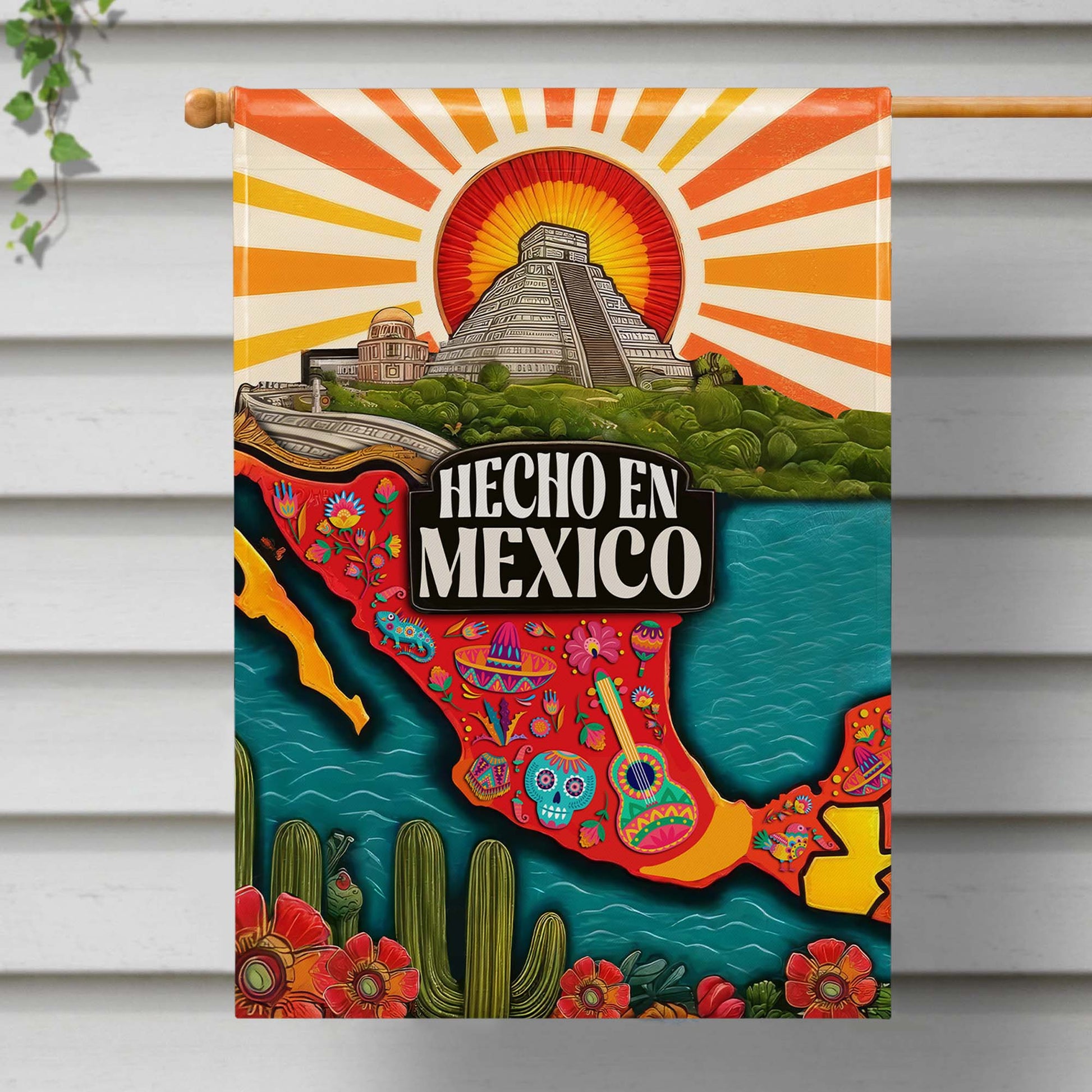 Hecho En Mexico with Aztec Pyramid and Folk Art
