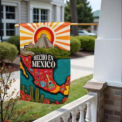 Hecho En Mexico with Aztec Pyramid and Folk Art