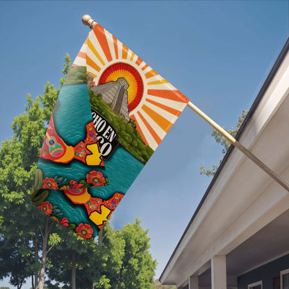 Hecho En Mexico with Aztec Pyramid and Folk Art