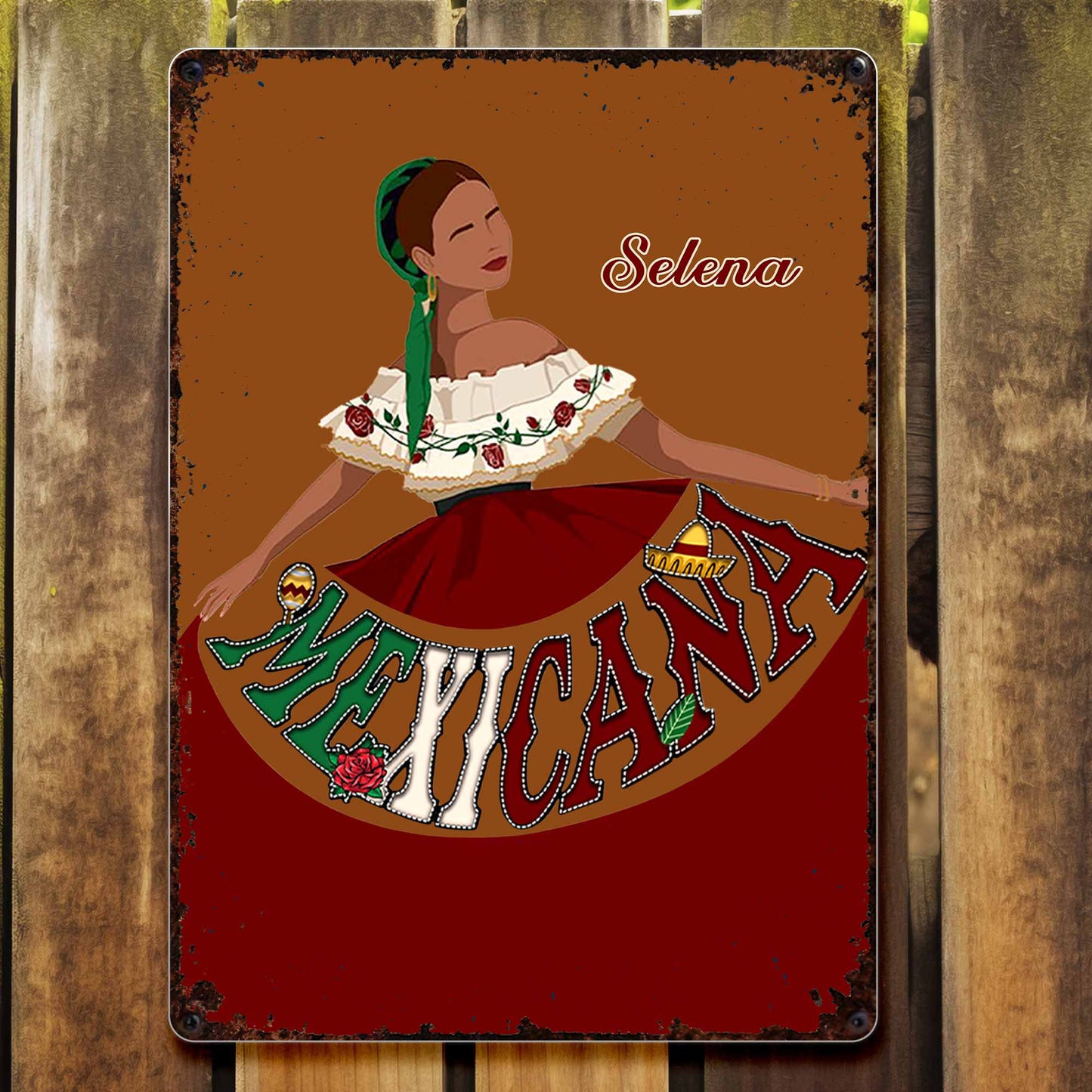 Mexicana Traditional Dress And Rose Design - Personalized Metal Sign - MEX007_MSIGN