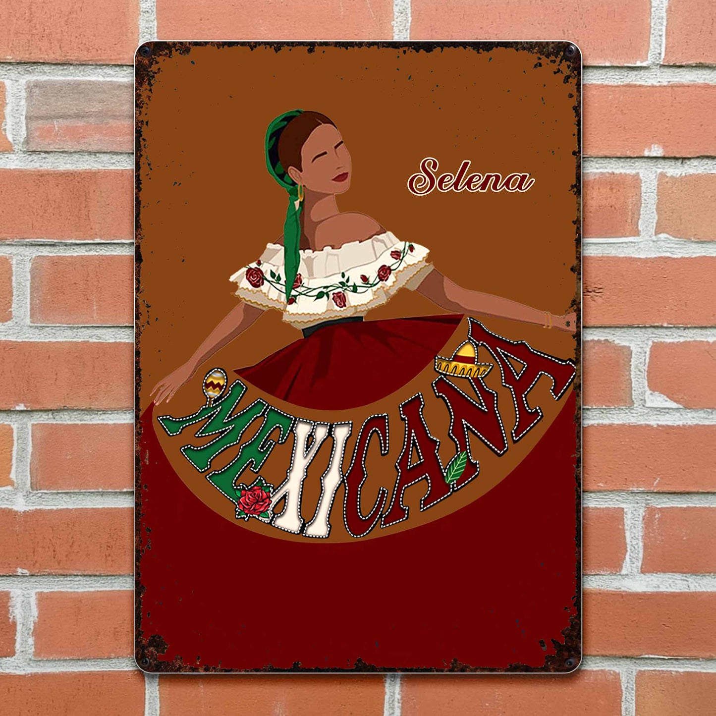 Mexicana Traditional Dress And Rose Design - Personalized Metal Sign - MEX007_MSIGN