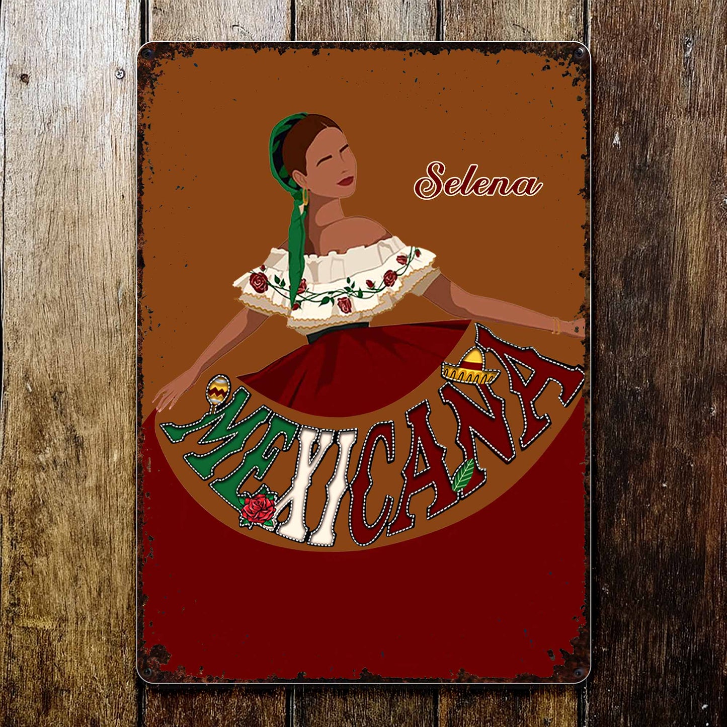 Mexicana Traditional Dress And Rose Design - Personalized Metal Sign - MEX007_MSIGN
