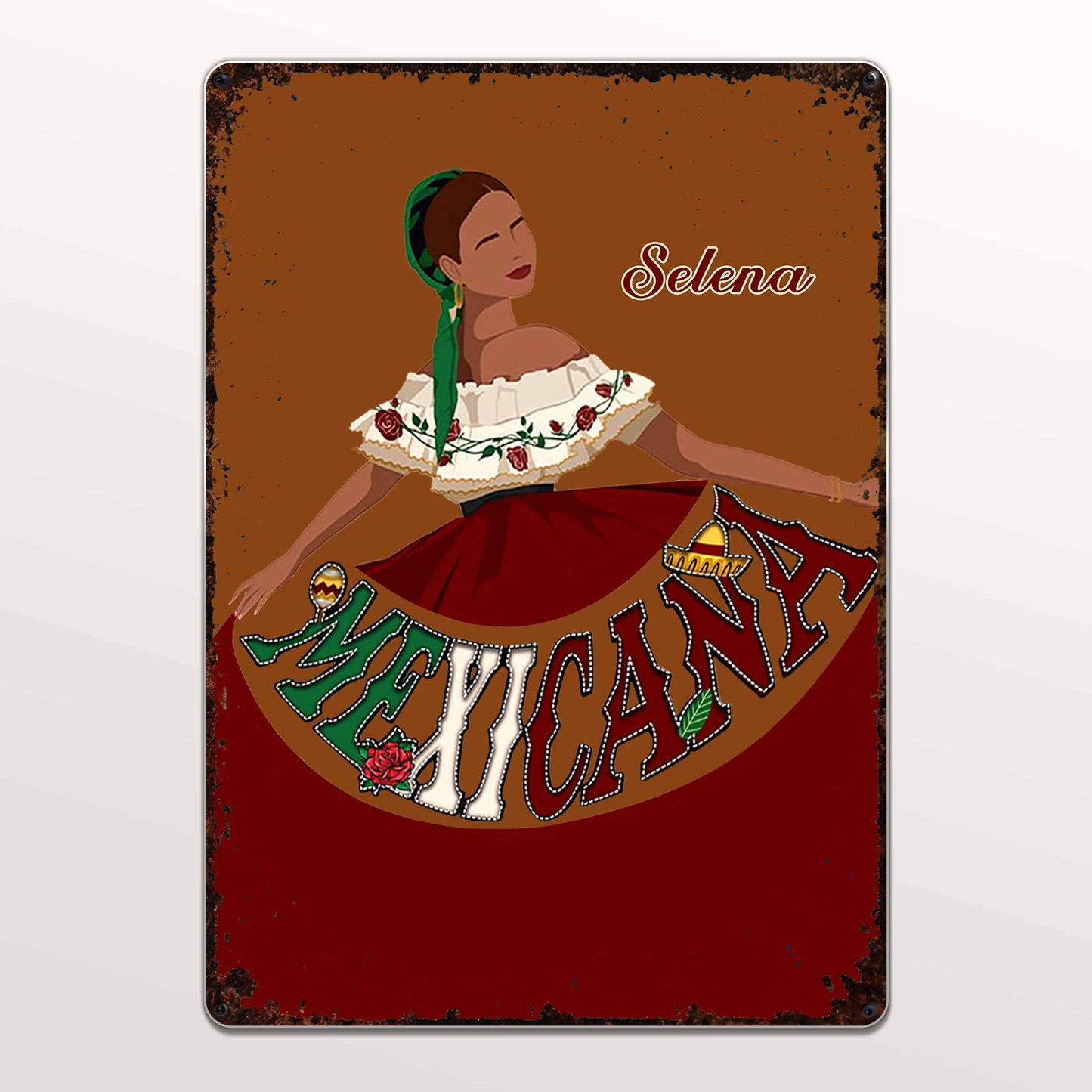 Mexicana Traditional Dress And Rose Design - Personalized Metal Sign - MEX007_MSIGN