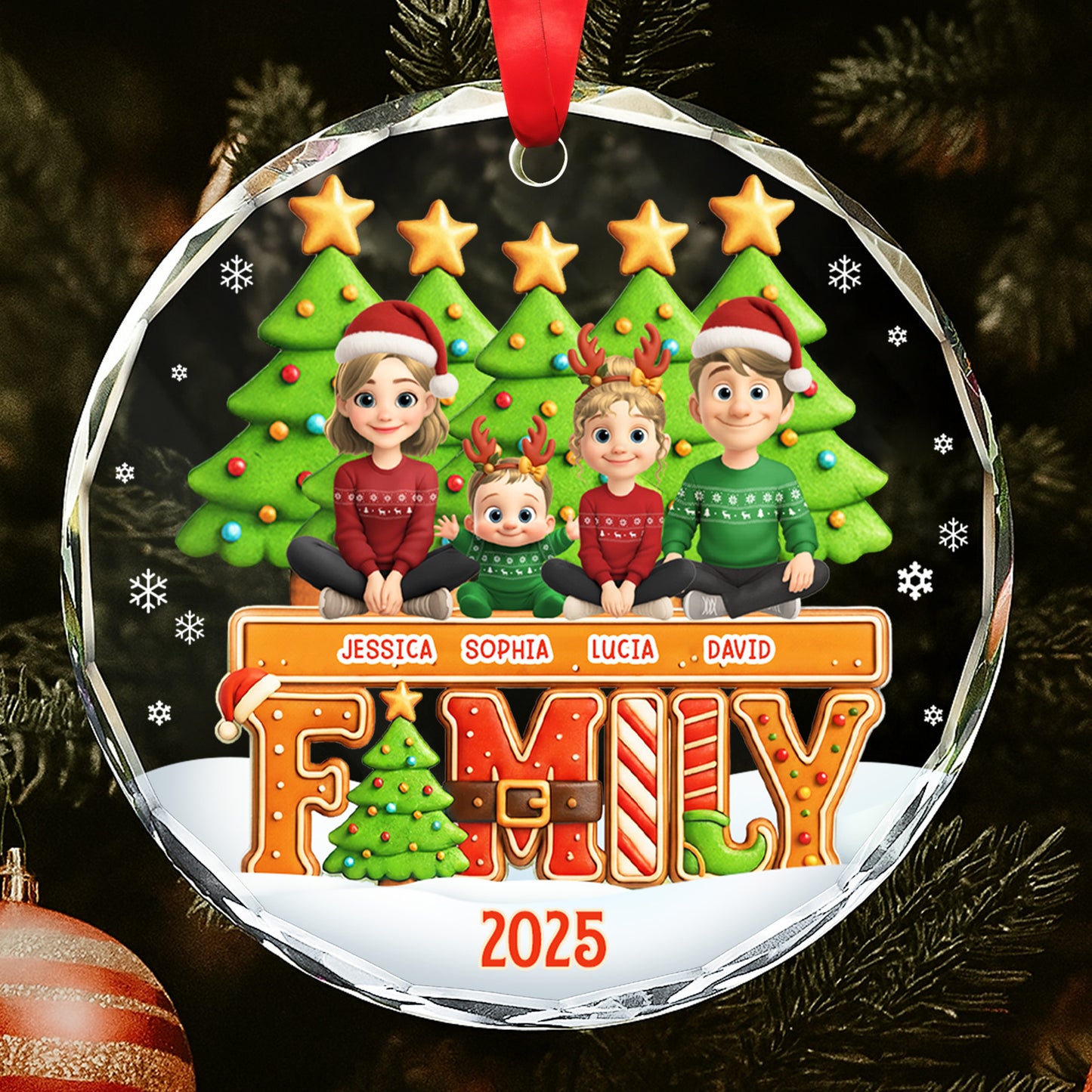 Celebrate Your Family This Christmas With Festive Trees And Stars - Personalized Custom Circle Glass Ornament - FAM632_CGOR