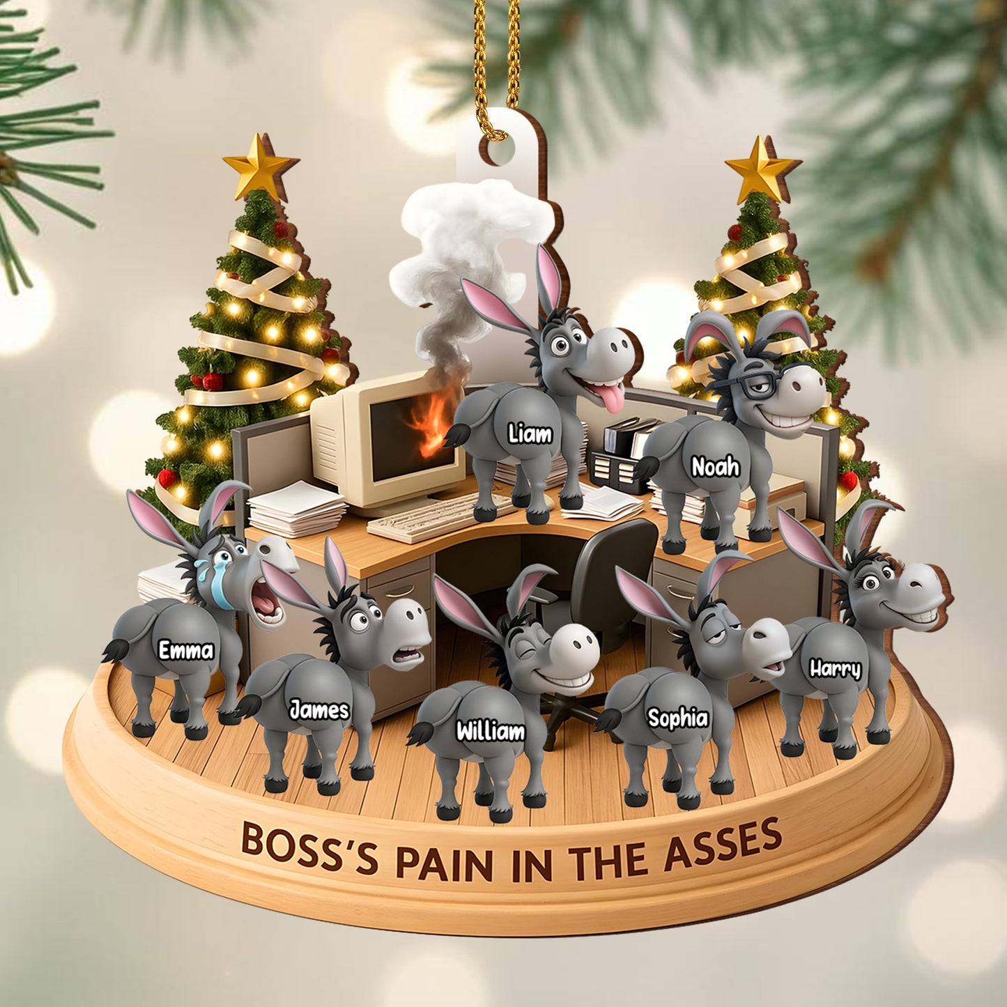 Boss's Pain In The Asses With Donkeys And Christmas Tree - Personalized Custom Wood Ornament, Custom Shaped - COL046_WDO