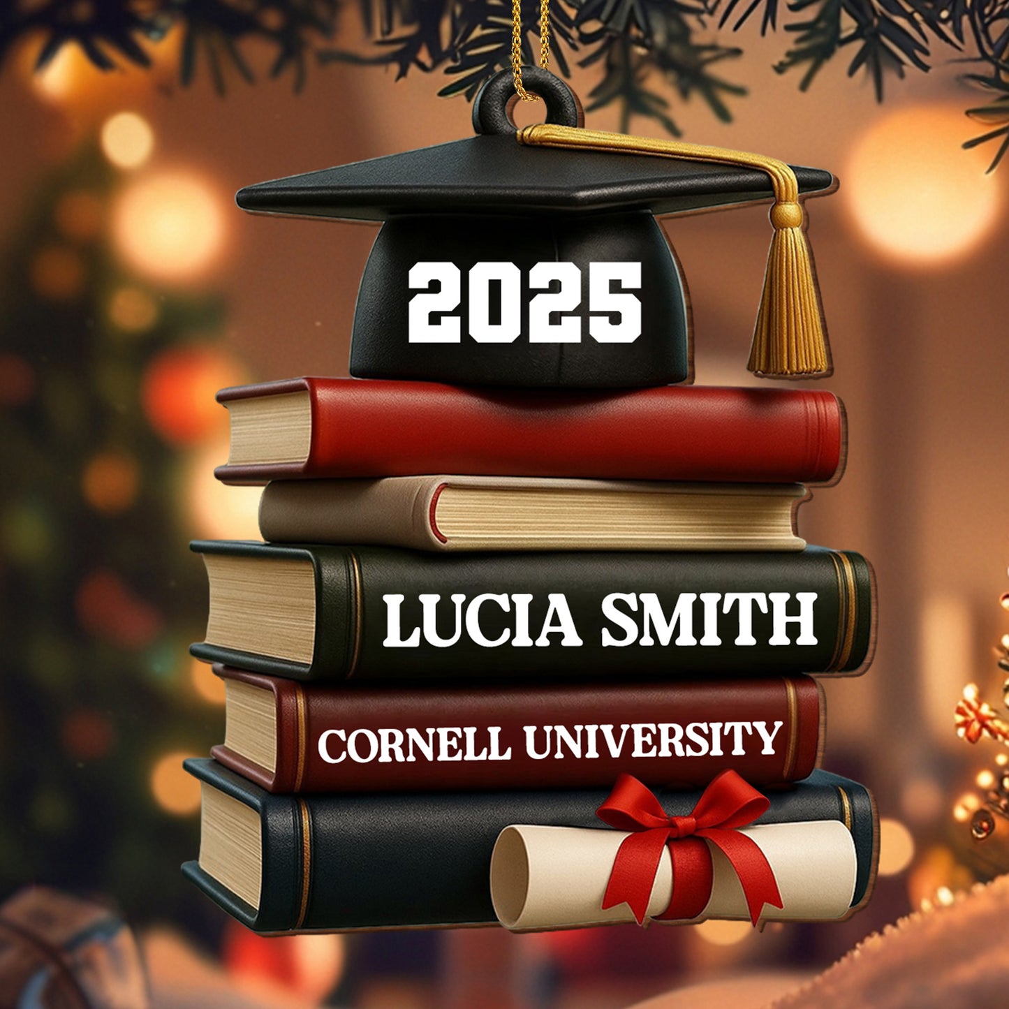 Celebrating Academic Excellence Books And Diploma - Personalized Custom Wood Ornament, Custom Shaped - GRAD333_WDO