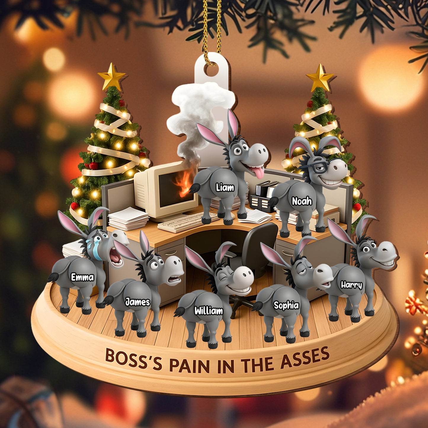 Boss's Pain In The Asses With Donkeys And Christmas Tree - Personalized Custom Wood Ornament, Custom Shaped - COL046_WDO