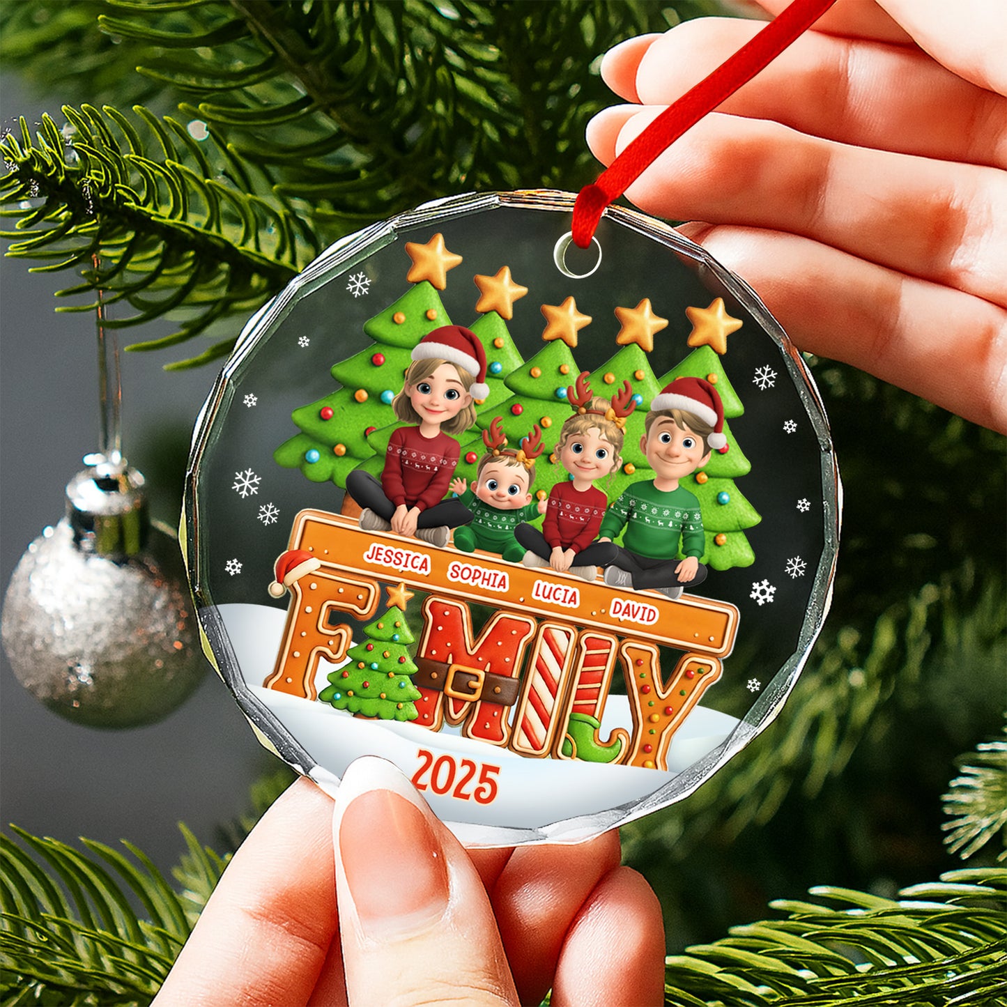 Celebrate Your Family This Christmas With Festive Trees And Stars - Personalized Custom Circle Glass Ornament - FAM632_CGOR