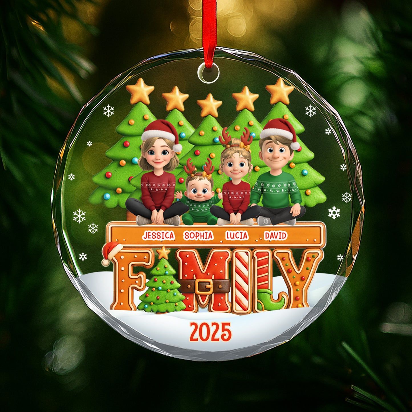 Celebrate Your Family This Christmas With Festive Trees And Stars - Personalized Custom Circle Glass Ornament - FAM632_CGOR