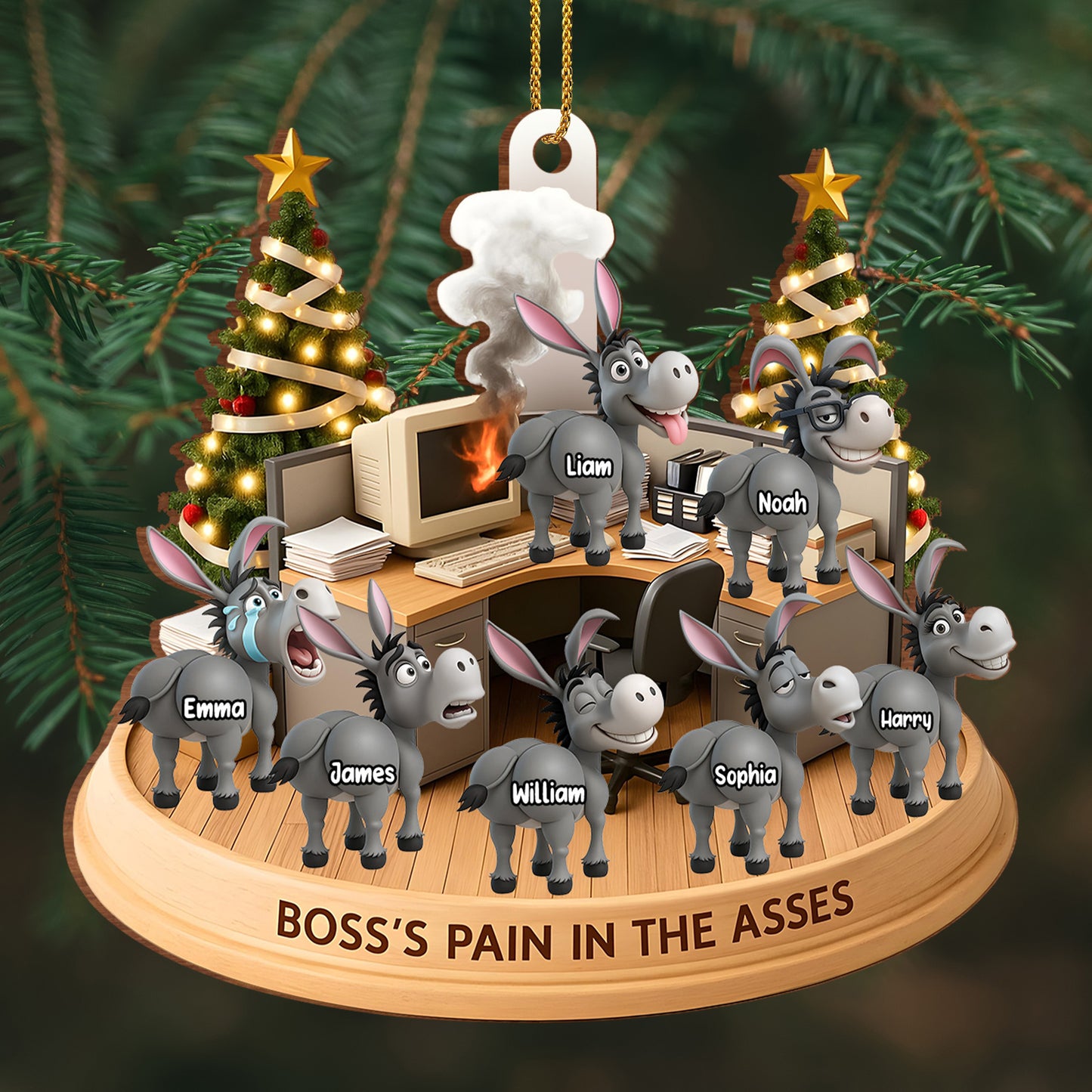 Boss's Pain In The Asses With Donkeys And Christmas Tree - Personalized Custom Wood Ornament, Custom Shaped - COL046_WDO