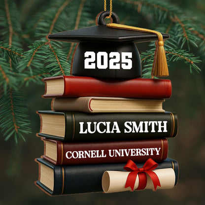 Celebrating Academic Excellence Books And Diploma - Personalized Custom Wood Ornament, Custom Shaped - GRAD333_WDO