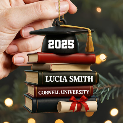 Celebrating Academic Excellence Books And Diploma - Personalized Custom Wood Ornament, Custom Shaped - GRAD333_WDO