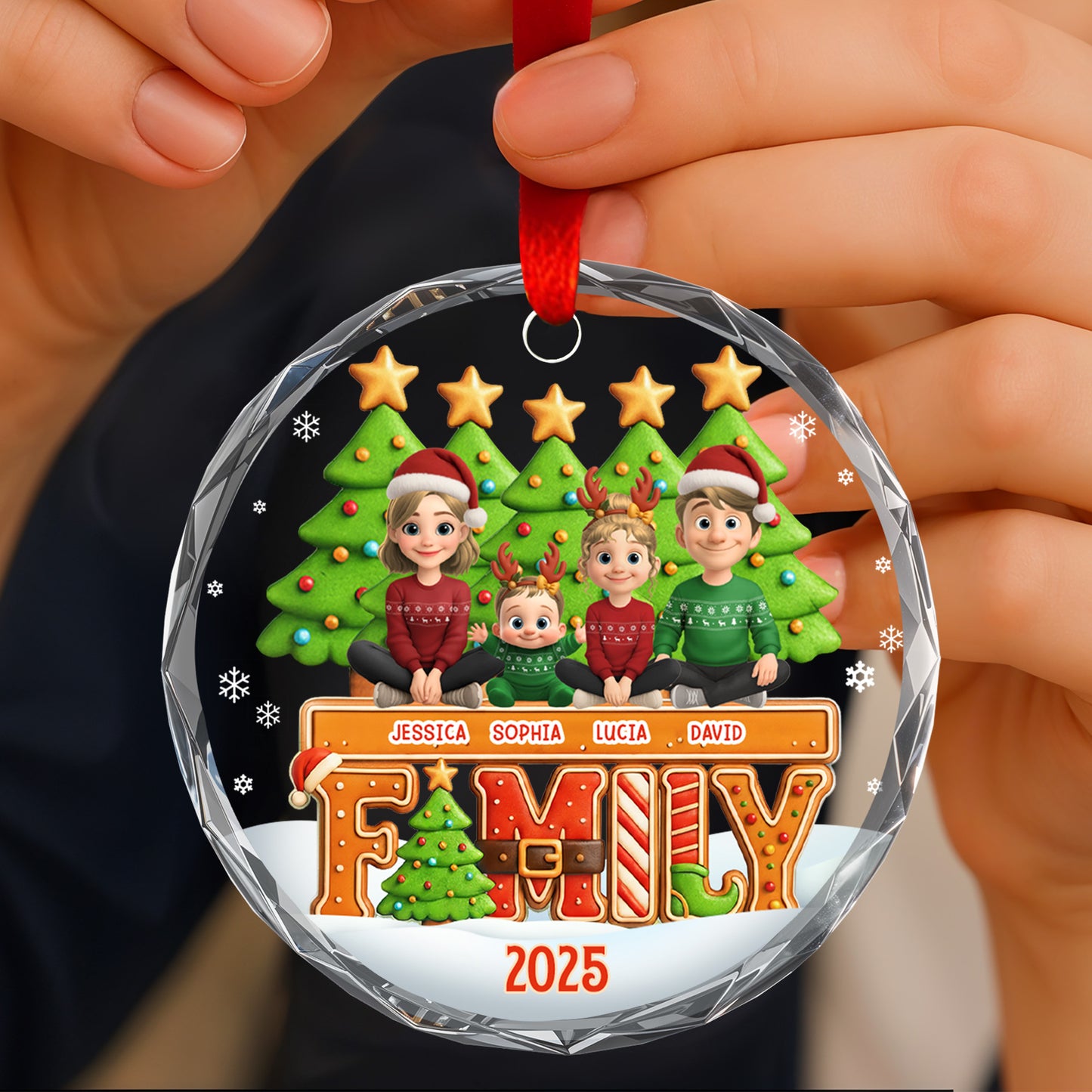 Celebrate Your Family This Christmas With Festive Trees And Stars - Personalized Custom Circle Glass Ornament - FAM632_CGOR