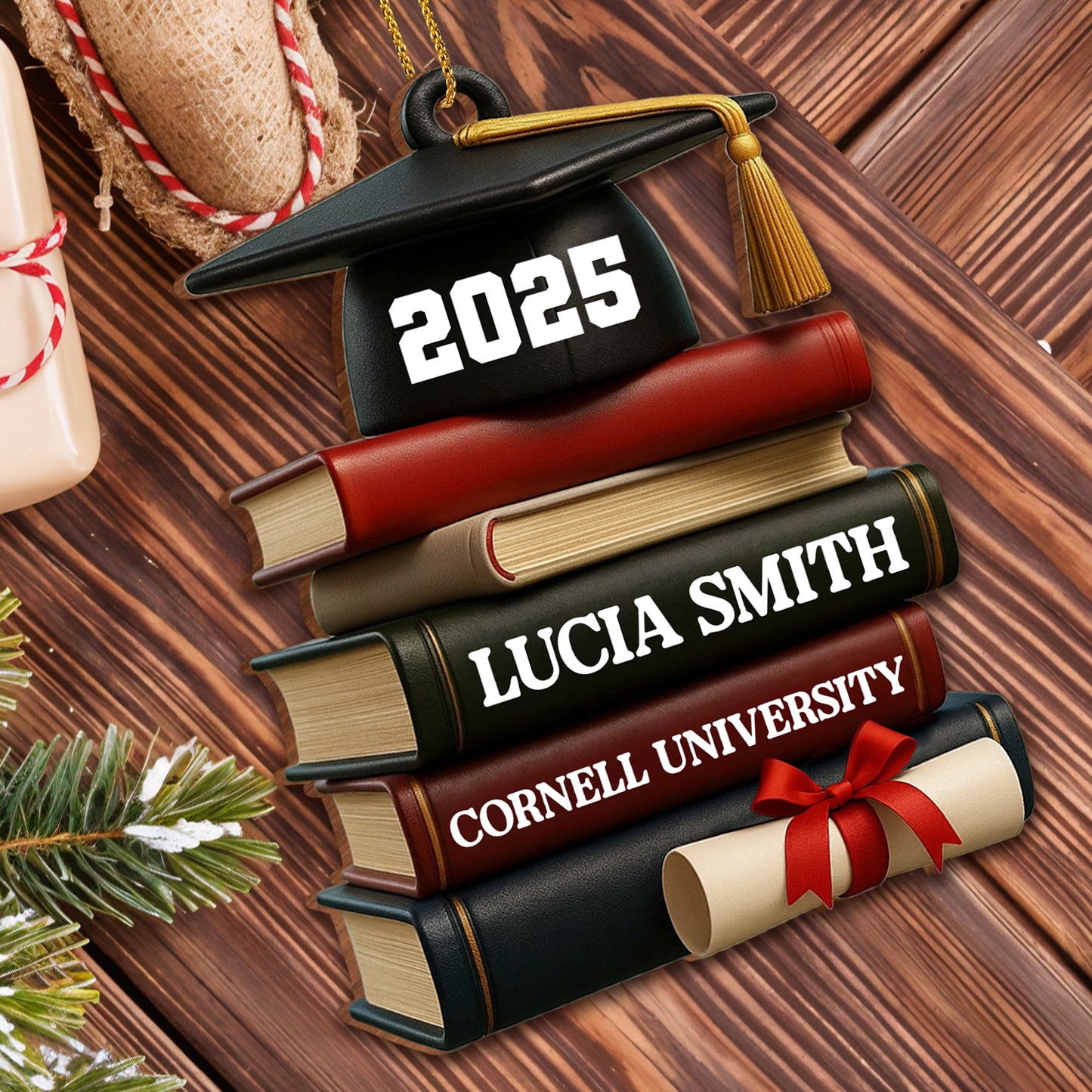 Celebrating Academic Excellence Books And Diploma - Personalized Custom Wood Ornament, Custom Shaped - GRAD333_WDO