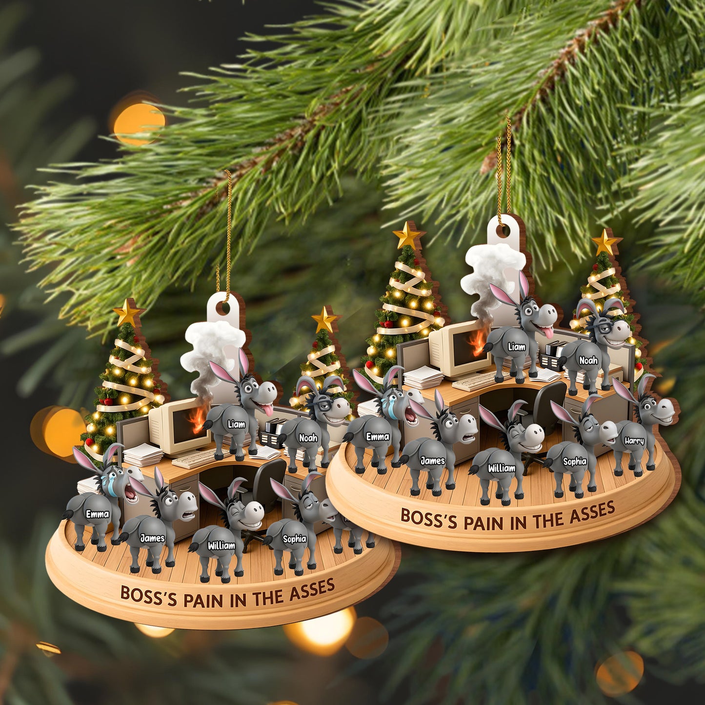 Boss's Pain In The Asses With Donkeys And Christmas Tree - Personalized Custom Wood Ornament, Custom Shaped - COL046_WDO