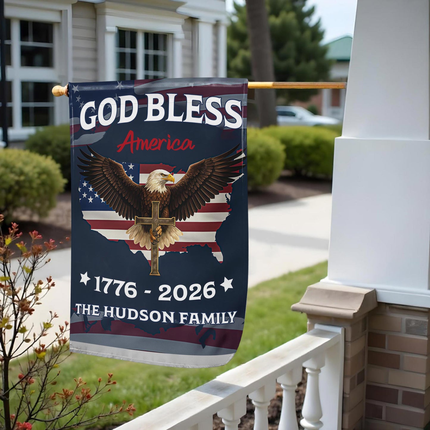 God Bless America With Eagle And American Flag - Personalized Flag - INDE031_GAF