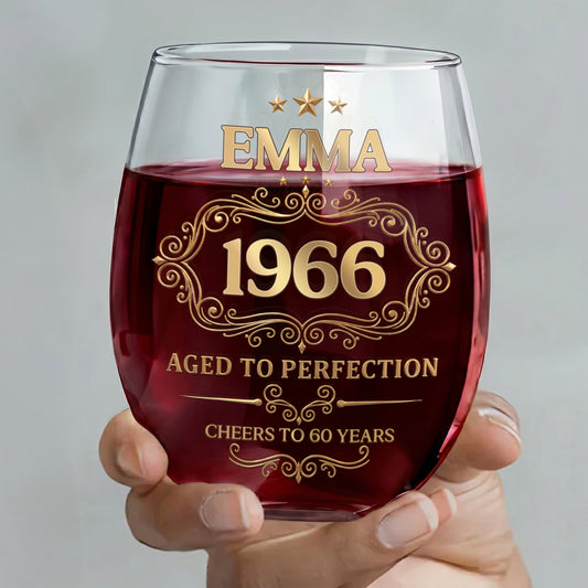 Aged To Perfection Cheers To Many Years Gold Stars And Filigree - Personalized Stemless Wine Glass - BDAY038_WIGL