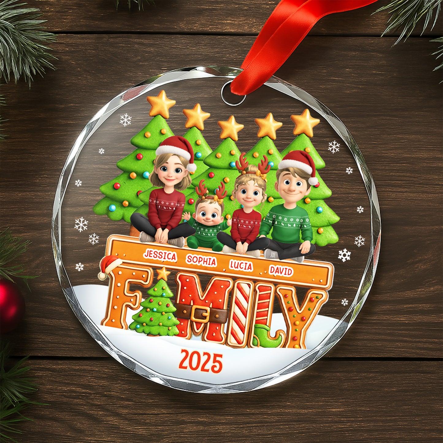 Celebrate Your Family This Christmas With Festive Trees And Stars - Personalized Custom Circle Glass Ornament - FAM632_CGOR