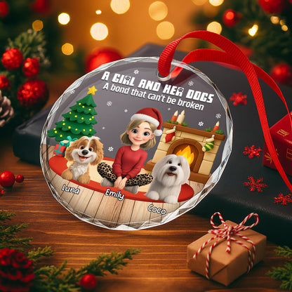 A Girl And Her Dog, A Bond That Can't Be Broken - Personalized Custom Circle Glass Ornament - DOG073_CGOR
