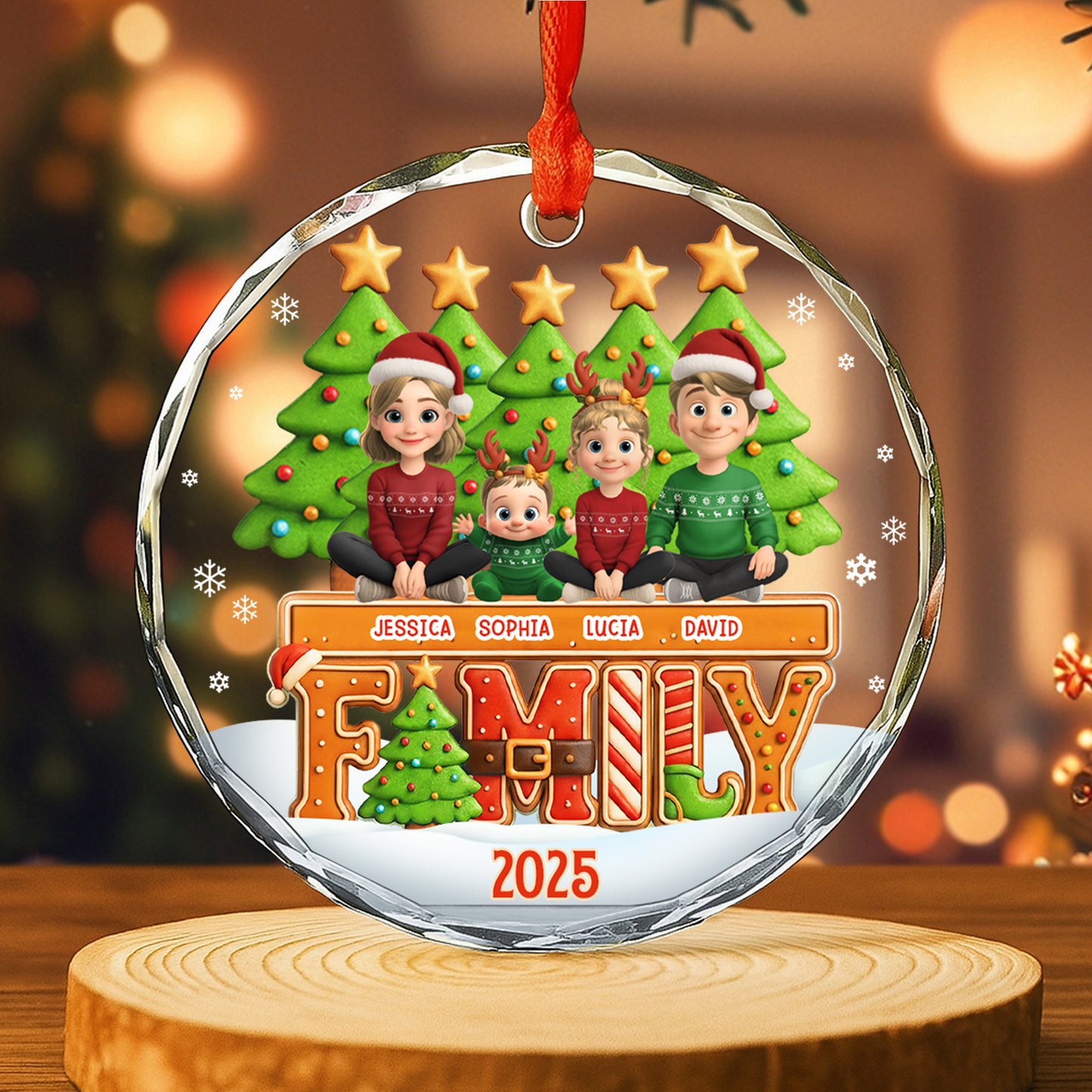 Celebrate Your Family This Christmas With Festive Trees And Stars - Personalized Custom Circle Glass Ornament - FAM632_CGOR
