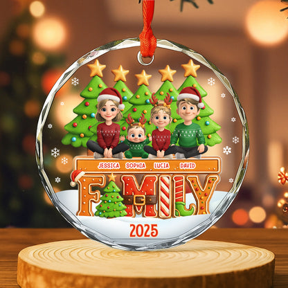 Celebrate Your Family This Christmas With Festive Trees And Stars - Personalized Custom Circle Glass Ornament - FAM632_CGOR