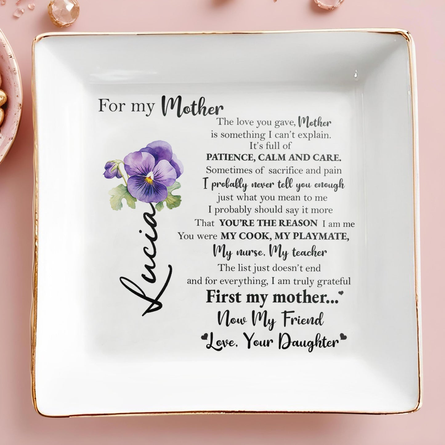 To My Mother, Now My Friend With Heartfelt Message and Violets - Personalized Custom Jewelry Dish - MOM013_SCRD