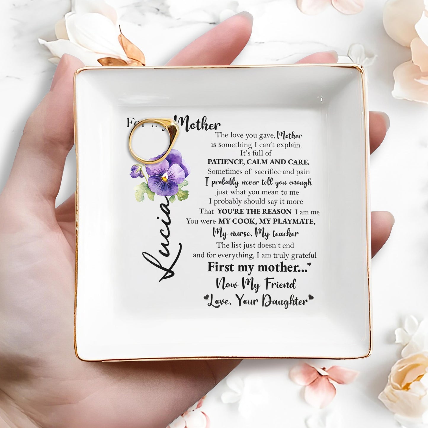 To My Mother, Now My Friend With Heartfelt Message and Violets - Personalized Custom Jewelry Dish - MOM013_SCRD