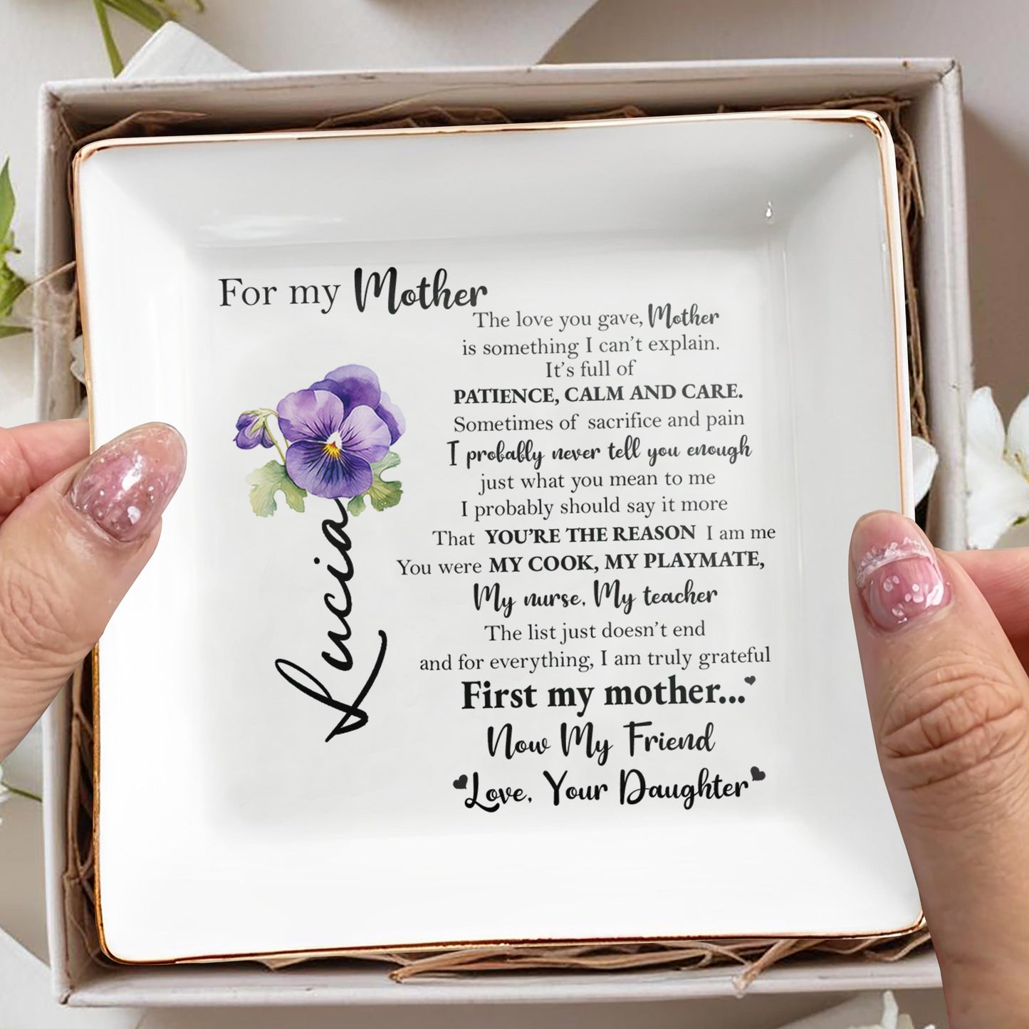 To My Mother, Now My Friend With Heartfelt Message and Violets - Personalized Custom Jewelry Dish - MOM013_SCRD