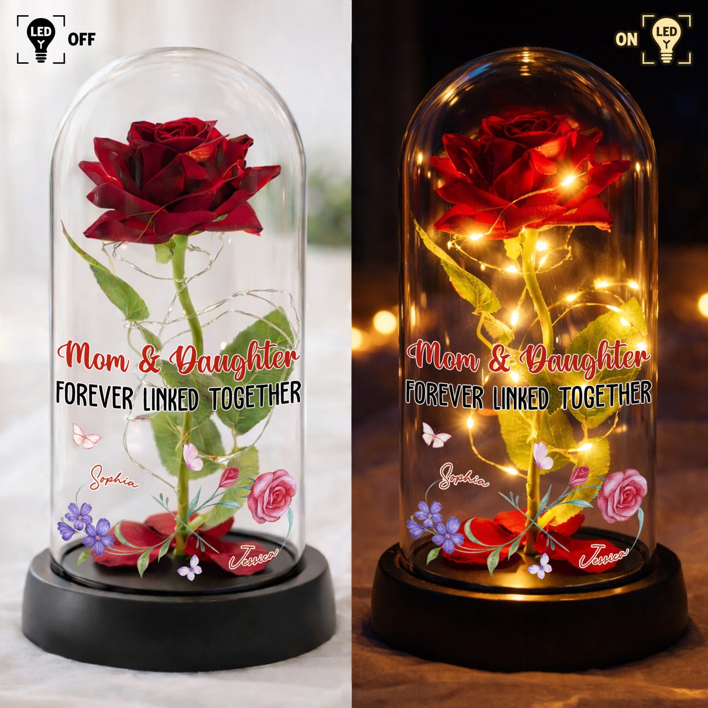 Mom & Daughter Forever Linked Together With Roses - Personalized Everlasting Rose Dome Lamp - MOM025_RLAMP