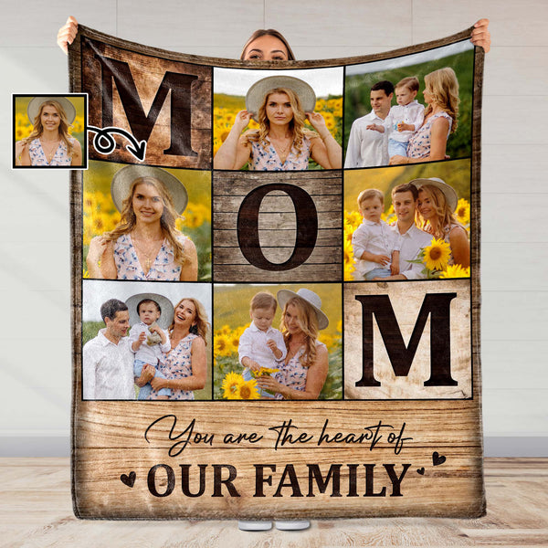 You Are The Heart Of Our Family With Sunflowers And Family Photos - Personalized Custom Blanket - MOM036_BLK