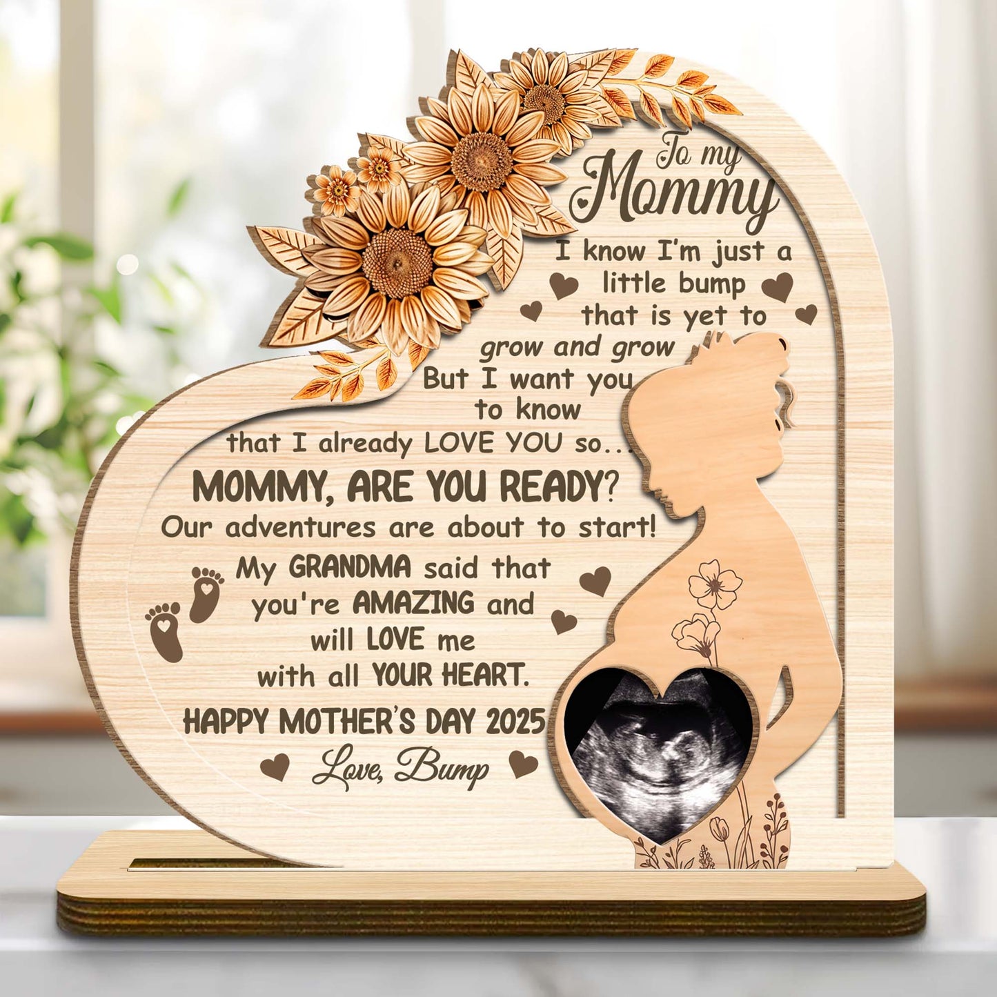 Plaque en bois personnalisée pour la fête des Mères, fleurs, profil de femme enceinte - Plaque en bois personnalisée à 2 couches avec base plate - MOM080_WPLA
