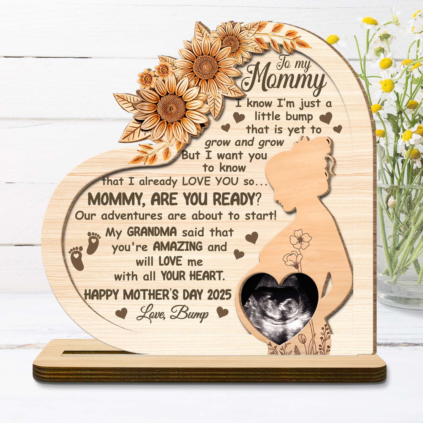 Plaque en bois personnalisée pour la fête des Mères, fleurs, profil de femme enceinte - Plaque en bois personnalisée à 2 couches avec base plate - MOM080_WPLA